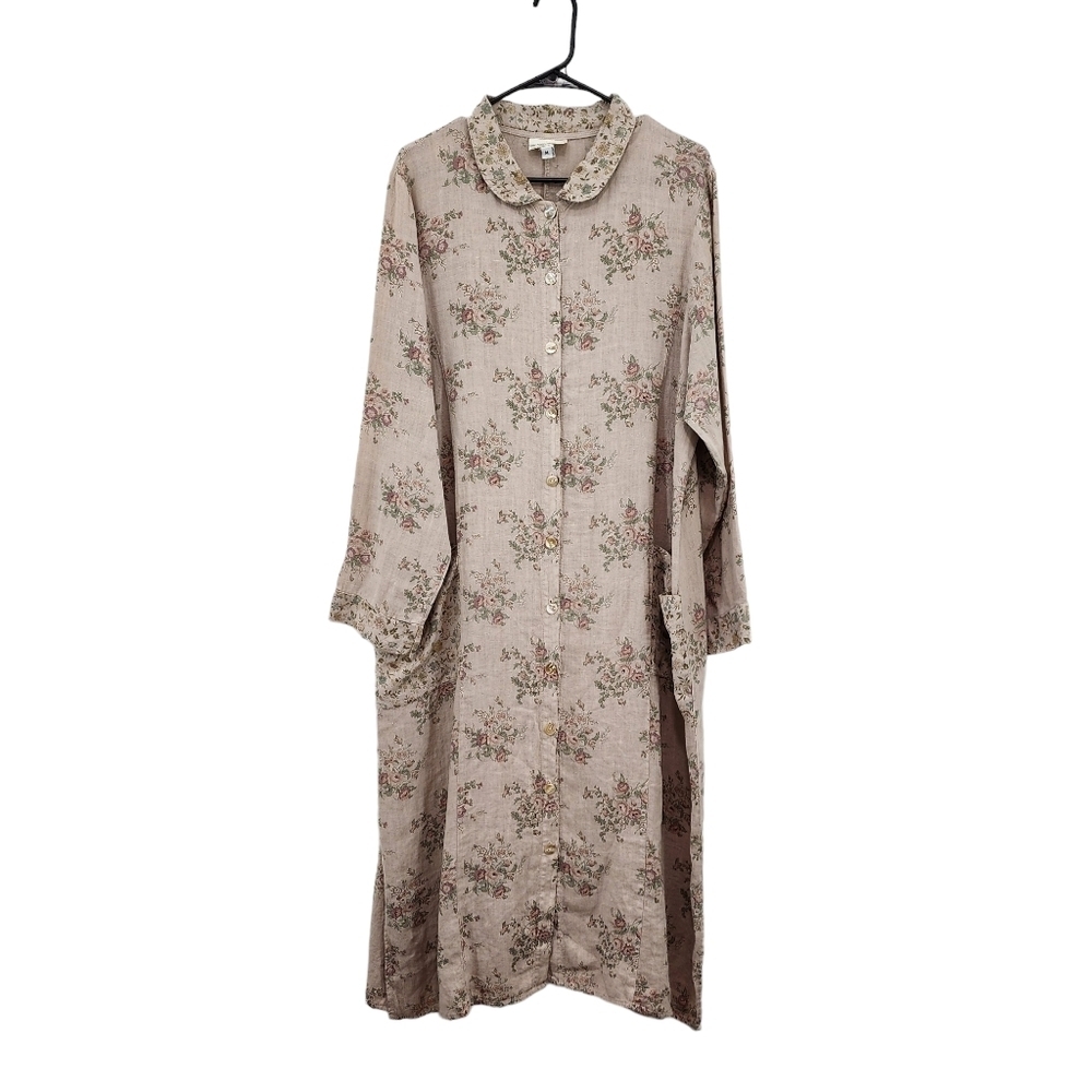 Cachaca Women's Retro 100% Linen Floral Button Front Dress Romantic Cottagecore